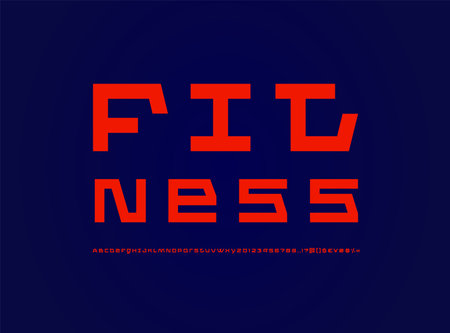 Tech font, red alphabet, trendy modern Latin letters AZ and Arab numerals 0, 1, 2, 3, 4, 5, 6, 7, 8, 9 made in future design, vector illustration 10EPSのイラスト素材