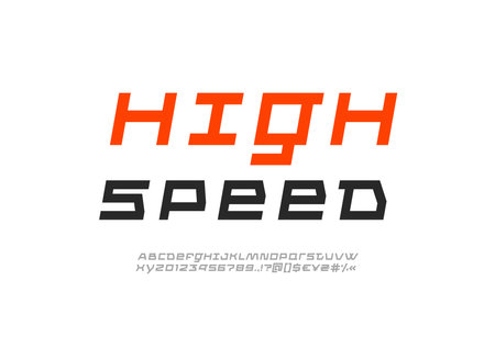 Tech font, digital cyber alphabet, modern Latin letters A, B, C, D, E, F, G, H, I, J, K, L, M, N, O, P, Q, R, S, T, U, V, W, X, Y, Z and Arab numerals 0, 1, 2, 3, 4, 5, 6, 7, 8, 9, set typefaceのイラスト素材