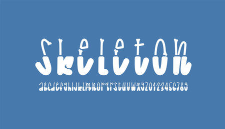 Skeleton creepy font, alphabet in the horror style, cartoon zombie letters and numbers made in bones, vector illustration 10EPSのイラスト素材