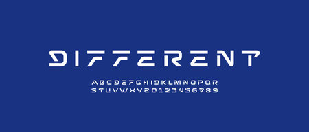Tech font, digital alphabet, bold Latin letters A, B, C, D, E, F, G, H, I, J, K, L, M, N, O, P, Q, R, S, T, U , V, W, X, Y, Z and Arab numerals 0, 1, 2, 3, 4, 5, 6, 7, 8, 9 made in design cyber futuristic styleのイラスト素材