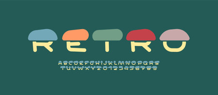 Playful retro-colored font, joyful childrens old alphabet, letters and numbers, vector illustration 10EPSのイラスト素材