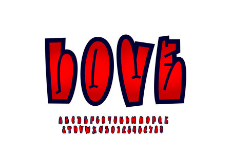 Graffiti long font, comic alphabet in the cartoon style, narrow uppercase letters and numbersのイラスト素材