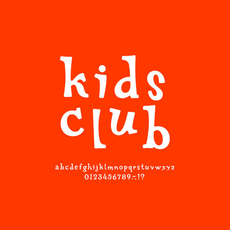 Joyful alphabet, kids font made cartoon style, funny white lowercase Latin letters and Arab numerals.のイラスト素材