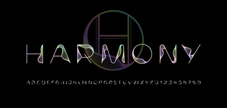 Beautiful harmony alphabet font, striped lettering perfect for wedding invitations or fashion design, letters and numbers from wave lines, vector illustration 10EPSのイラスト素材