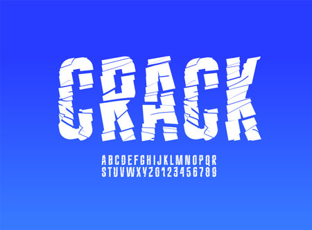 Crushed broken condensed font, white narrow cracked alphabet, fragmented fragile letters and numbers, vector illustration 10EPSのイラスト素材