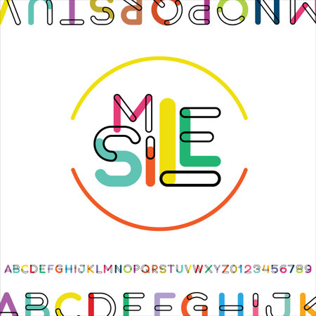 alphabet playful art decorative font, rounded multi-colored letters A, B, C, D, E, F, G, H, I, J, K, L, M, N, O, P, Q, R, S, T , U, V, W, X, Y, Z and numerals 0, 1, 2, 3, 4, 5, 6, 7, 8, 9のイラスト素材