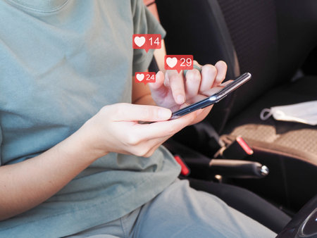 Social media marketing concept one smartphone with heart notification icon on smartphone screen.の写真素材