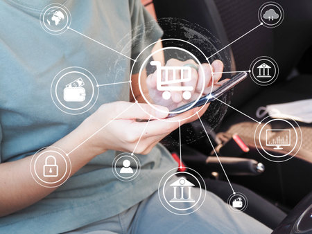 Young women using Omni technology for shopping, online marketing, social media, internet payment platform services. in online shoppingの写真素材
