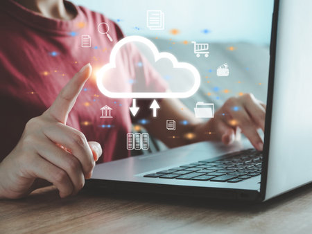 girl's hand showing icon cloud networking data storage large database Business work link