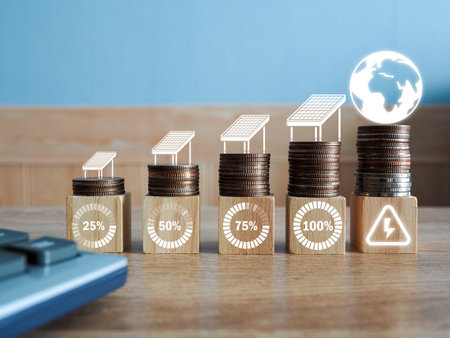 Wooden blocks on stacked coins with energy saving icons. with solar cells The use of renewable energy is environmentally friendly.の写真素材