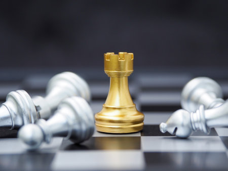 Gold Rook or Castle Tower Chess for ideas and competitions and strategies. business success concept Using strategies to winの写真素材