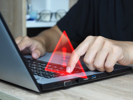 computer virus detection warning Triangle warning sign for error notification through the use of risky websites that are not certified safeの写真素材