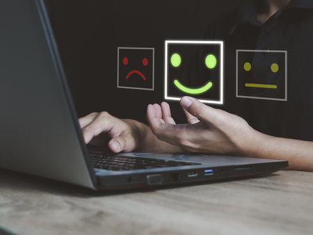 Businessman showing satisfaction selection smiley face icon green service response online satisfactionの写真素材