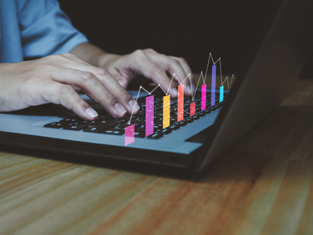 business people analyze bar graph digital turnover analysis profit from investmentの写真素材