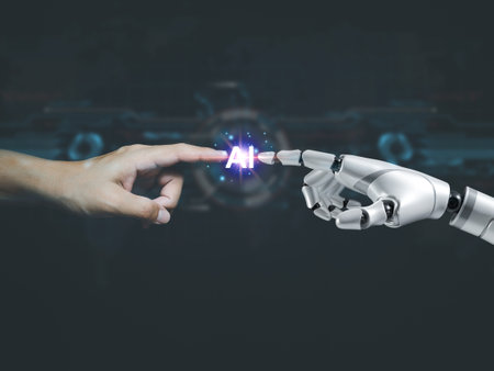 Human and robot fingers touch artificial intelligence technology ai learning computer brainの写真素材