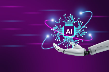 Robotic hand showing modern circuit diagram and artificial intelligence word ai Next generation connectivity and innovation technology Collaborating with AI, the development of the futureの写真素材