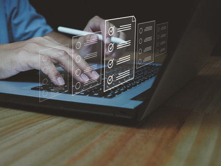 concept of doing online test or questionnaire icon on digital window Choosing the right answer or satisfying on the digital virtual windowの写真素材