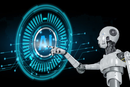 A robot that is pointing at a smart AI operation or artificial intelligence working instead of human beings self developmentの写真素材