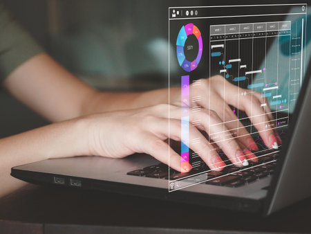 Female analyst working with Business Analytics, managing reports with KPIs and database-connected metrics. Analysis of financial market data connectionの写真素材