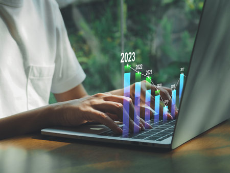Positive indicators 2023, businessman calculating financial data for long-term investments in the coming yearの写真素材