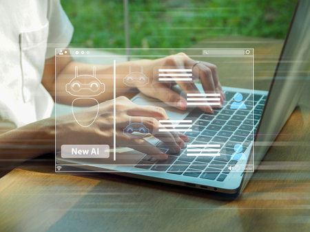 Using intelligent AI chat commands Human beings using intelligent AI technology by inputting commands helper in work Deciding on new concepts to create and share knowledgeの写真素材
