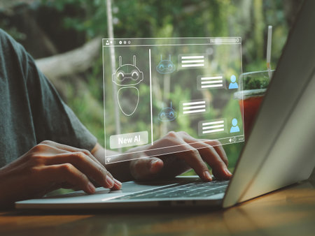 Using intelligent AI chat commands Human beings using intelligent AI technology by inputting commands helper in work Deciding on new concepts to create and share knowledgeの写真素材
