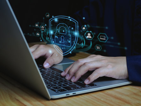 Cyber security and privacy concept lock symbol icon from line biometric security Innovative technology against cybercrime Businessman showing protection of personal data on the virtual screenの写真素材