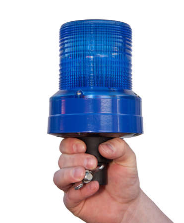 Hand is holding a blue emergency signal light - isolatedの写真素材