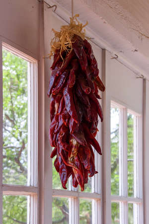 A bunch of dried red chile is hanging in front of a windowの写真素材