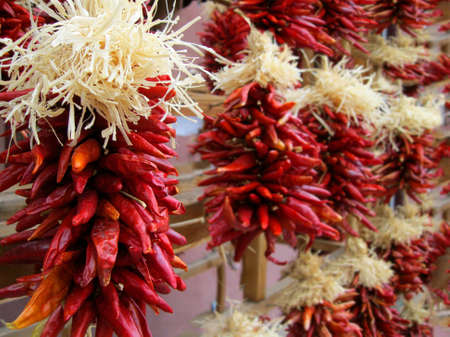 Red dried chillies hanging for sale at a marketの写真素材