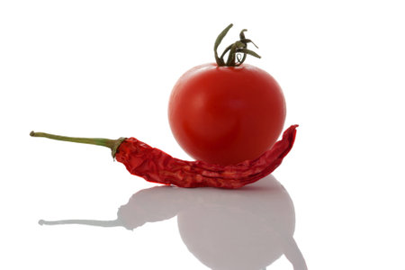A tomato and a red dried chileの写真素材