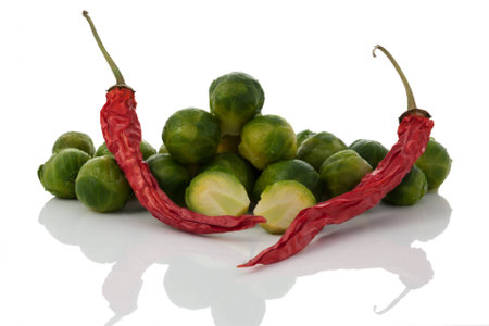 Fresh brussels sprout and dried red chileの写真素材