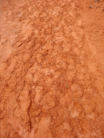 vertical shot of many footprints in red sandの写真素材