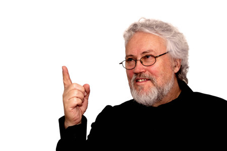 A senior is pointing to something aboveの写真素材