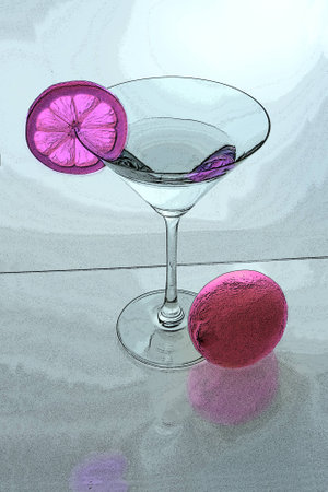 Martini glass with lemon slice and lemon from above posterizedの写真素材