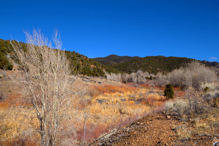 Horizontal shot of a colorful scenery near Santa Fe in winterの写真素材