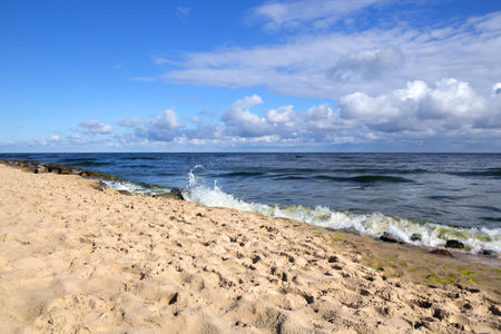 Horizontal shot of an empty beach at the Baltic Sea in morning lightの写真素材