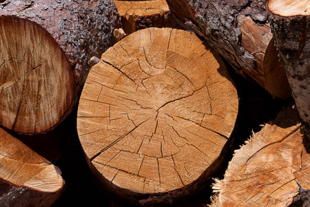 Horizontal shot of freshly cut firewood logs in a stackの写真素材
