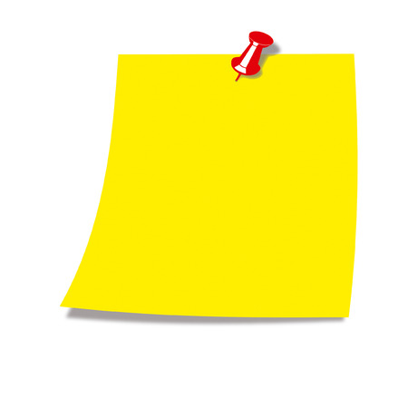 Yellow note with a red pin isolated on white backgroundの写真素材