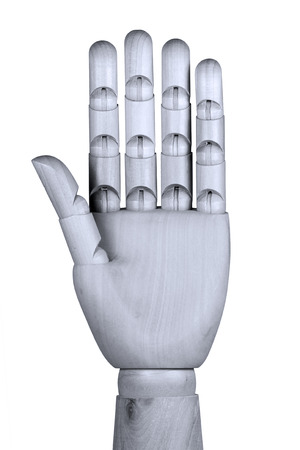 Wooden model hand showing five fingers with palm be seenの写真素材