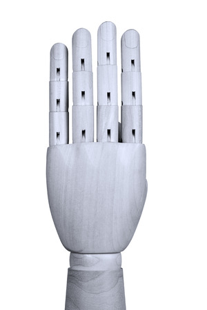 Wooden model hand showing four fingers  up with back of the hand be seenの写真素材