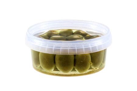 Antipasti in a closed plastic box viewed from sideの写真素材
