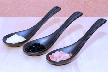 Three types of salt on black spoonsの写真素材