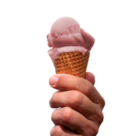 Male hand is holding a cone with strawberry ice cream isolated on whiteの写真素材