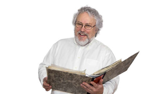 Senior is handling a binder isolated on white laughing into the cameraの写真素材
