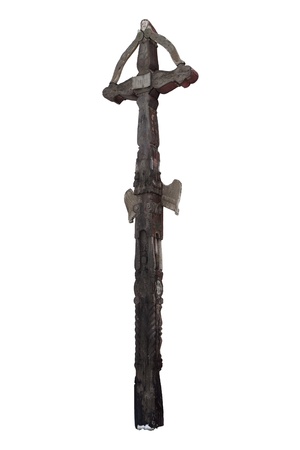Photo of the old hand-carved and painted wooden crucifix isolated on a white background. This type of cross is typical for the region Detva Slovakiaの写真素材