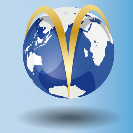 Illustration of Zodiac symbol Aries in gold on a globe, with a white map on blue background with shadowのイラスト素材