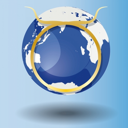 Illustration of Zodiac symbol Taurus in gold on a globe, with a white map on blue background with shadowのイラスト素材
