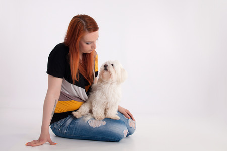 Young redhead woman with her white Maltese dog in studioの写真素材