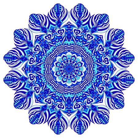 Set of round ornaments in gzhel style. Blue vector circle hand drawn background. Orient traditional ornament. Ethnic, Indian, Islamic, Asian, ottoman, russian motif. Mandala gzhel.のイラスト素材
